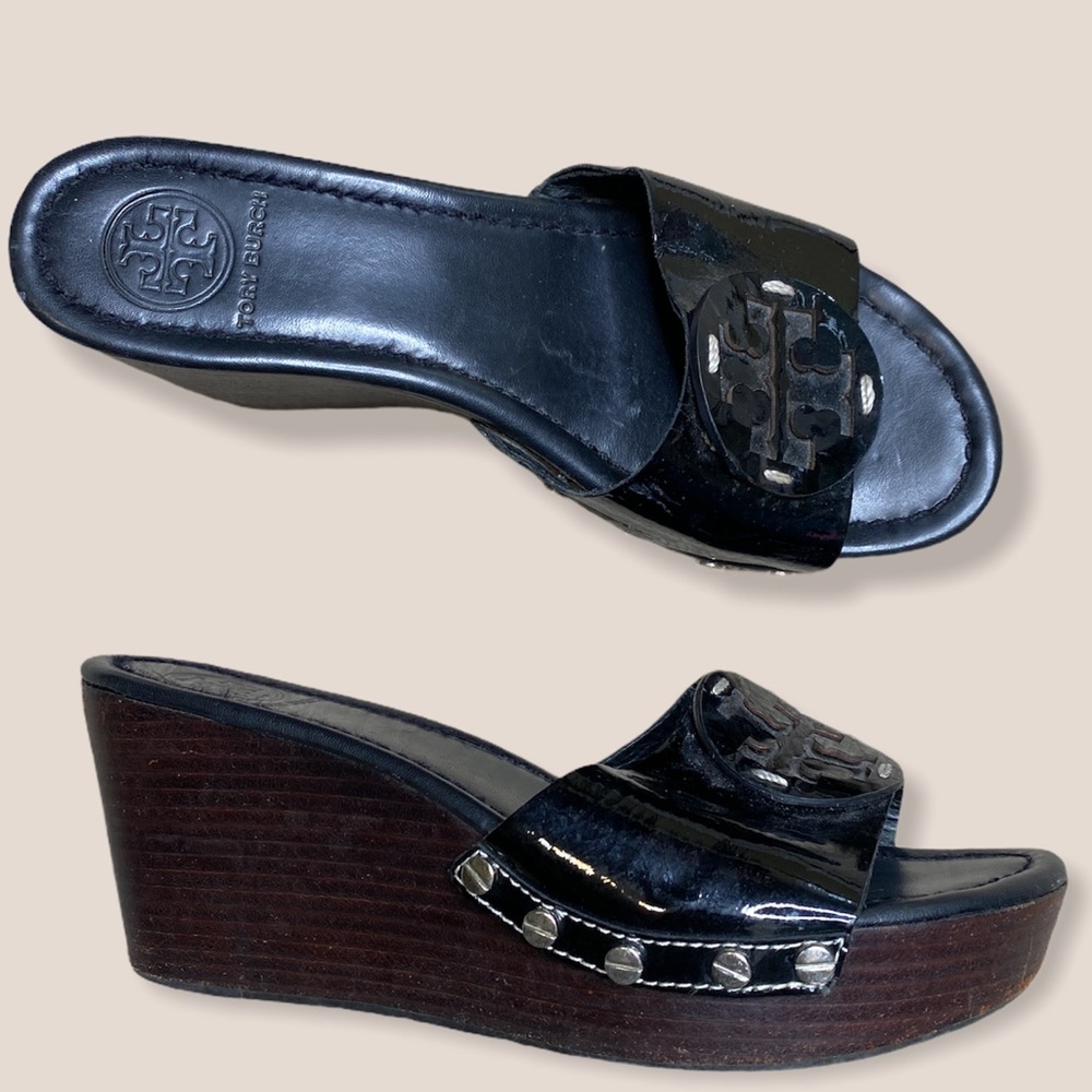 Tory Burch Patti patent leather logo wooden wedges